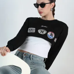 SHOWOFFFF Black Cotton Relaxed Fit Printed Crop Top With Inner Tank Top image 4