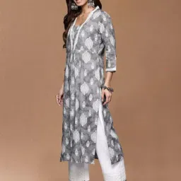 Varanga Grey Cotton Regular Fit Printed Kurta image 3