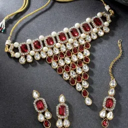 Peora Gold-Plated Crystal Studded Maroon Choker Necklace Dangle Earring Maang Jewellery Set Women-picture-35
