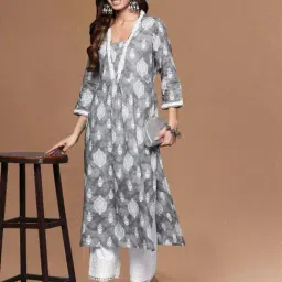 Varanga Grey Cotton Regular Fit Printed Kurta image 4