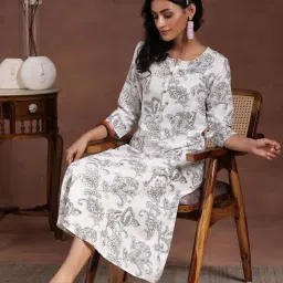 Libas White Cotton Printed A-Line Dress image 4
