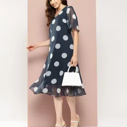 Qurvii Navy & White Polka Dot Midi Dress image 4