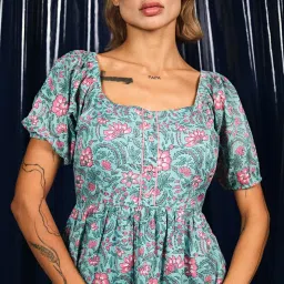 VIRGIO Green Cotton Print Short Sleeves Dress image 4