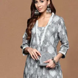 Varanga Grey Cotton Regular Fit Printed Kurta image 5