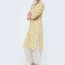 Melange by Lifestyle Mustard Cotton Printed Straight Kurta image 4