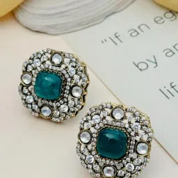 Abdesigns Gold-Tone Plated Polki & American Diamond Studded Minimal Stud Earrings-image-66