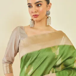 Soch Light Green Tussar Leaf Pattern Zari Woven Saree image 4