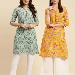 Rangita Yellow & Green Floral Print Straight Kurti - Pack of 2-image-33
