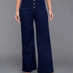 Miss Chase Navy Blue Wide Leg High Rise Clean Look Regular Length Stretchable Denim Jeans-picture-14