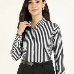English Navy Black & White Regular Fit Striped Shirt-image-88