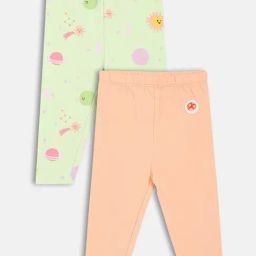 Miniklub Girls Green & Orange Cotton Printed Leggings - Pack Of 2-picture-0