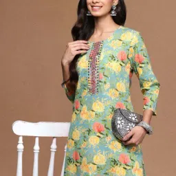 Varanga Sea Green Cotton Regular Fit Floral Print Kurta image 5