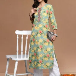 Varanga Sea Green Cotton Regular Fit Floral Print Kurta image 4
