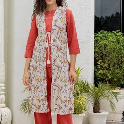 Ambraee Printed Round Neck Pure Cotton Top & Trousers With Jacket-image-1