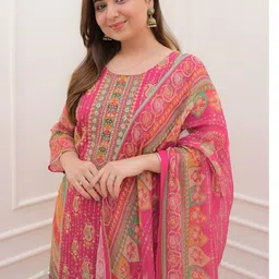 Ethnic 3 You Women Ethnic Motifs Printed Regular Thread Work Pure Cotton Kurta with Trousers & With Dupatta image 3