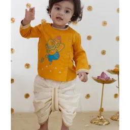 Tiber Taber Full Sleeves Ganesha Embroidered & Lace Embellished Kurta With Coordinating Dhoti Set - Yellow-picture-37