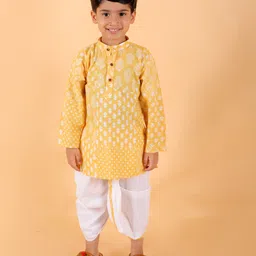 MoMaa Pure Cotton  Full Sleeves Jaipuri Ethnic Motif Printed Kurta With Coordinating Dhoti Set - Yellow-picture-19