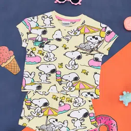 Pantaloons Junior Cotton Knit Peanuts Featuring Snoopy Printed Nightsuit - Yellow-picture-29