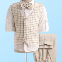 Robo Fry Woven Full Sleeves Checks 3 Piece Party Suit With Bow - White & Cream-picture-6