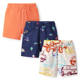 Bonfino 100% Cotton Knit Above Knee Length Vehicle Printed Shorts Pack of 3 - Navy Blue Orange & White-picture-27