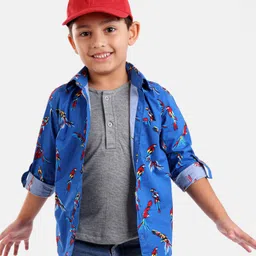 Rikidoos Full Sleeves Parrots Printed Shirt With Attached Tee & Cap - Blue-image-62