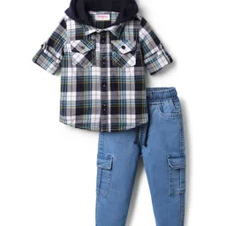 Babyhug Cotton Woven Full Sleeves Checkered Hooded Shirt & Denim Joggers Set - Blue-picture-20