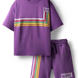 Pine Kids Marvel Single Jersey Knit Drop Shoulder Half Sleeves Oversized T-Shirt & Shorts Set With Avengers Graphics - Purple-picture-38