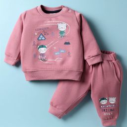 Zero Fleece Knit Full Sleeves Winter Sweatshirt & Lounge Pant Set with Animal Print - Rose Gold-picture-39