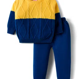 Babyhug Cotton Knit Full Sleeves Color Block Sweater Set - Yellow & Navy Blue-picture-17