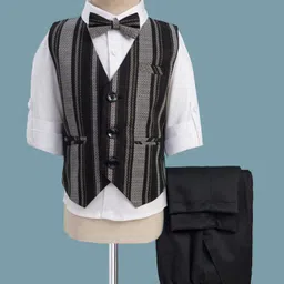 Robo Fry Cotton Woven Full Sleeves Striped 3 Piece Party Suit With Bow - Black & White-picture-32