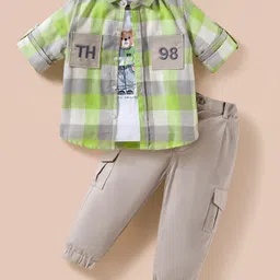 ToffyHouse Cotton Knit Full Sleeves Checks Shirt & Trouser Set With Teddy Bear Printed Inner Tee - Green & Light Grey-picture-18