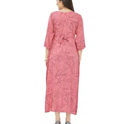 Lovely Mom's Three Fourth Sleeves Leaves Printed A Line Long Dress With Concealed Zipper Nursing Access - Pink image 3