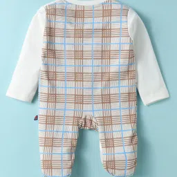 Mini Taurus Interlock Knit Full Sleeves Footed Checks Romper With Animal Patch - Tan image 2