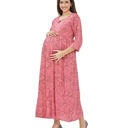 Lovely Mom's Three Fourth Sleeves Leaves Printed A Line Long Dress With Concealed Zipper Nursing Access - Pink image 4