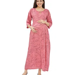 Lovely Mom's Three Fourth Sleeves Leaves Printed A Line Long Dress With Concealed Zipper Nursing Access - Pink image 5