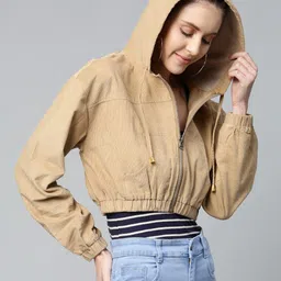 SASSAFRAS Women Beige Solid Corduroy Cropped Bomber Jacket image 4