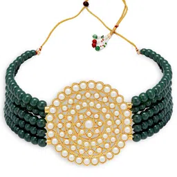 Sukkhi Gold-Plated Green & White Pearl-Studded Beaded Sustainable Jewellery Set image 4