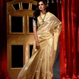 House Of Begum Handloom Golden Tissue Silk Saree With Blouse Piece image 4
