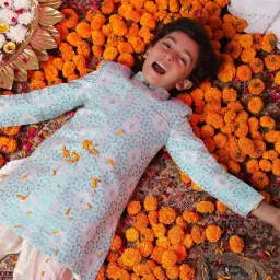 VASTRAMAY Boys Blue & Cream Self Full Sleeves Indowestern Sets image 4