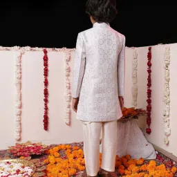 VASTRAMAY Boys White Self Full Sleeves Indowestern Sets image 4