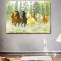 Art Street Green Canvas Seven Running Horses in Forest Vastu Feng Shui Wall Art image 4