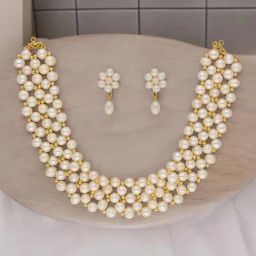 Sri Jagdamba Pearls Abarna White Pearl & Golden Beads Choker Necklace Set-picture-31