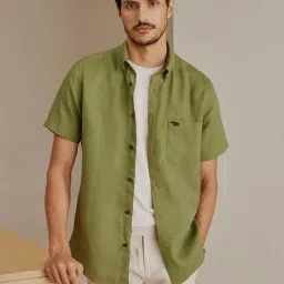 ANDAMEN Green Slim Fit Linen Shirt-image-6