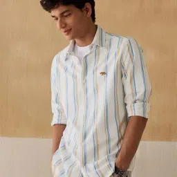 Andamen Blue Cotton Regular Fit Striped Shirt-image-4