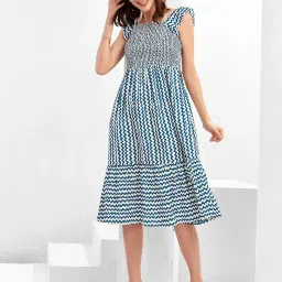 SELVIA Blue & Off White Printed Fit & Flare Dress image 4