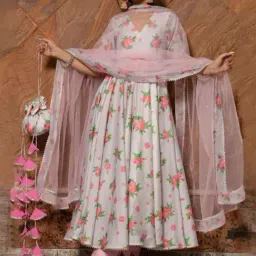 Pomcha Jaipur Pink Ganguar Flamingo Chandheri Anarkali Kurta with Pant and Dupatta-picture-23