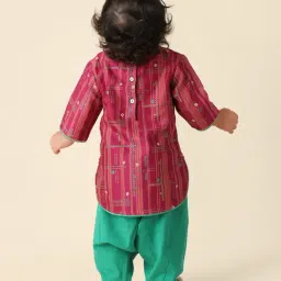 Fabindia Kids Pink & Green Printed Full Sleeves Kurta with Salwar image 2