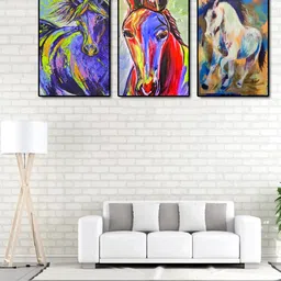 999Store Set Of 3 Multicoloured Horses Painting Wall Art-image-27