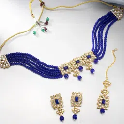 Peora Gold-Plated Blue Kundan Beads Necklace Earrings Maangtikka Jewellery Set-picture-38