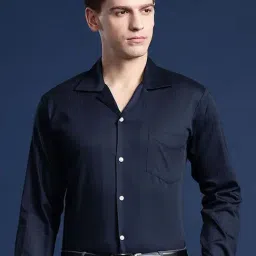Hancock Navy Cotton Relaxed Fit Solid Shirts-picture-30